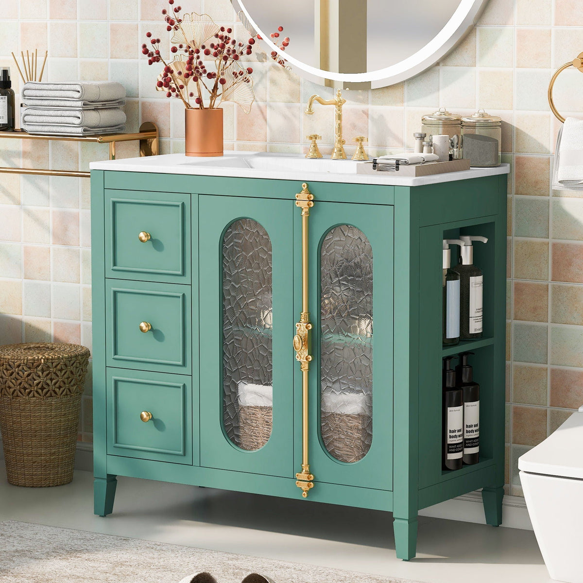 Bathroom Vanity with 3 Drawers and 2 Soft-Close Doors Cabinet - Lake Green