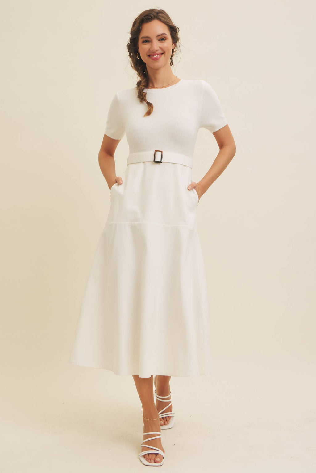 Delaney Sweater Midi Dress - White Mixed Media Dress with Belt