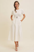 Delaney Sweater Midi Dress - White Mixed Media Dress with Belt