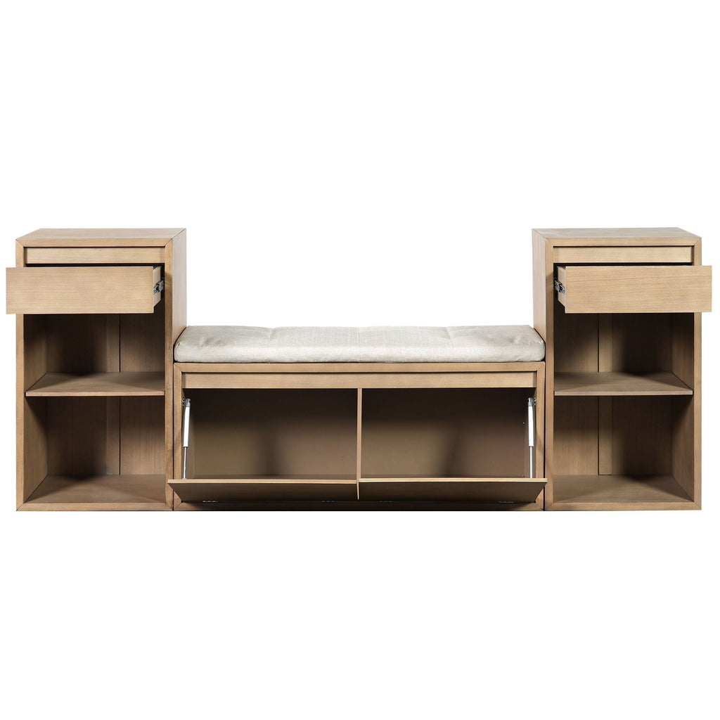 Entryway Storage Bench With Cushion, Drawers & Open Shelves
