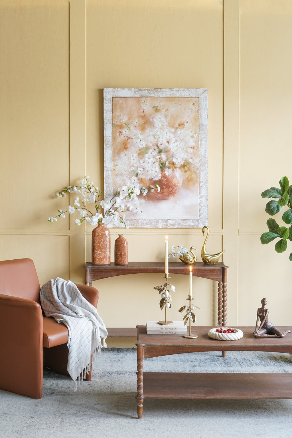 Hand-Painted Still Life Blossom Wall Art with Distressed Fir Wood Frame