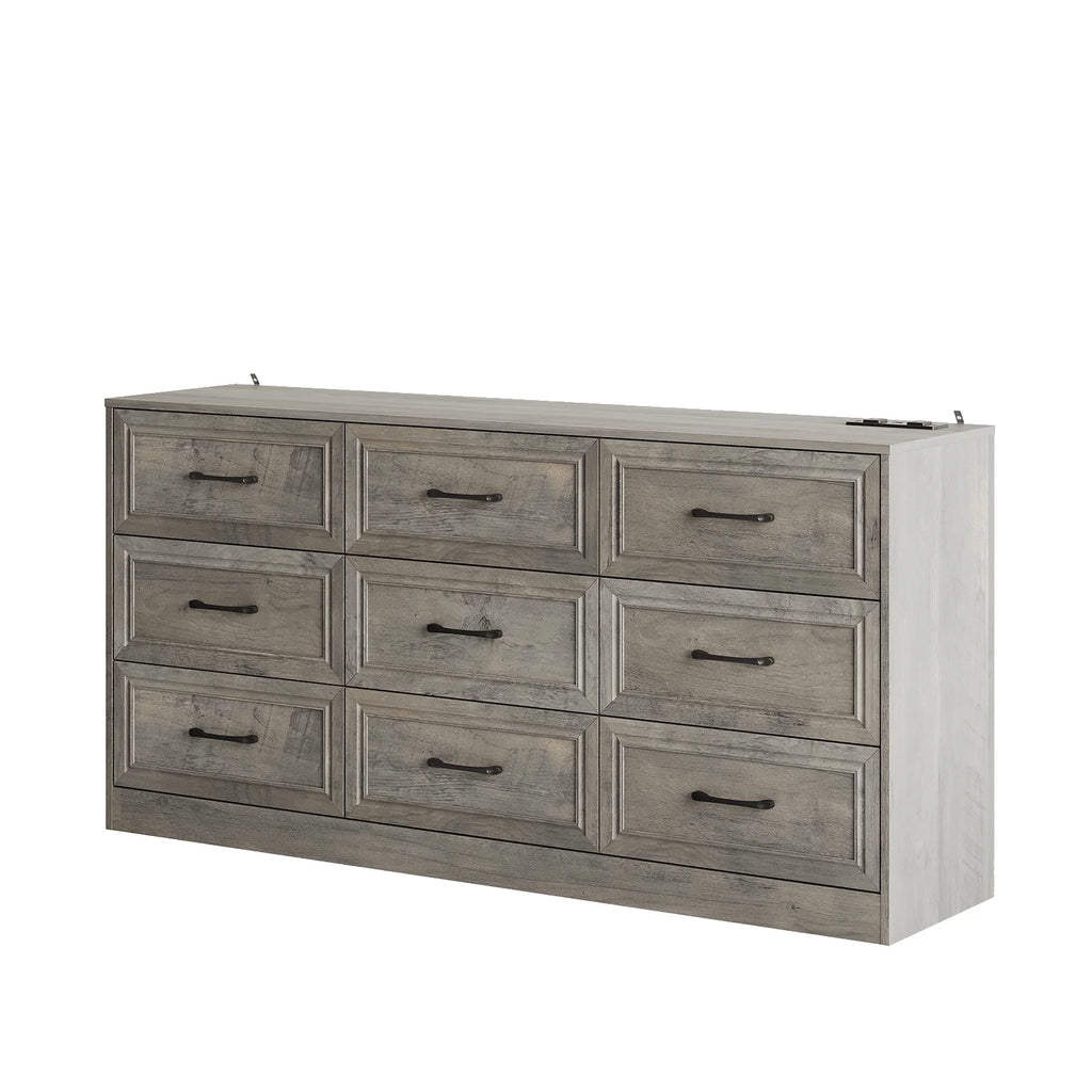 Dresser for Bedroom 9 Drawer Wide Dresser with Charging Station,Grey