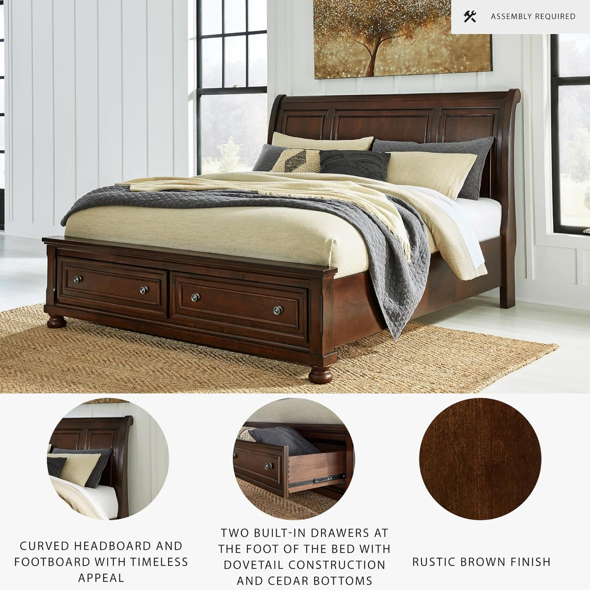 Signature Design by Ashley Porter Traditional 2-Drawer King Sleigh Storage Bed with Bun Feet, Foundation or Box Spring Not Needed, Dark Brown