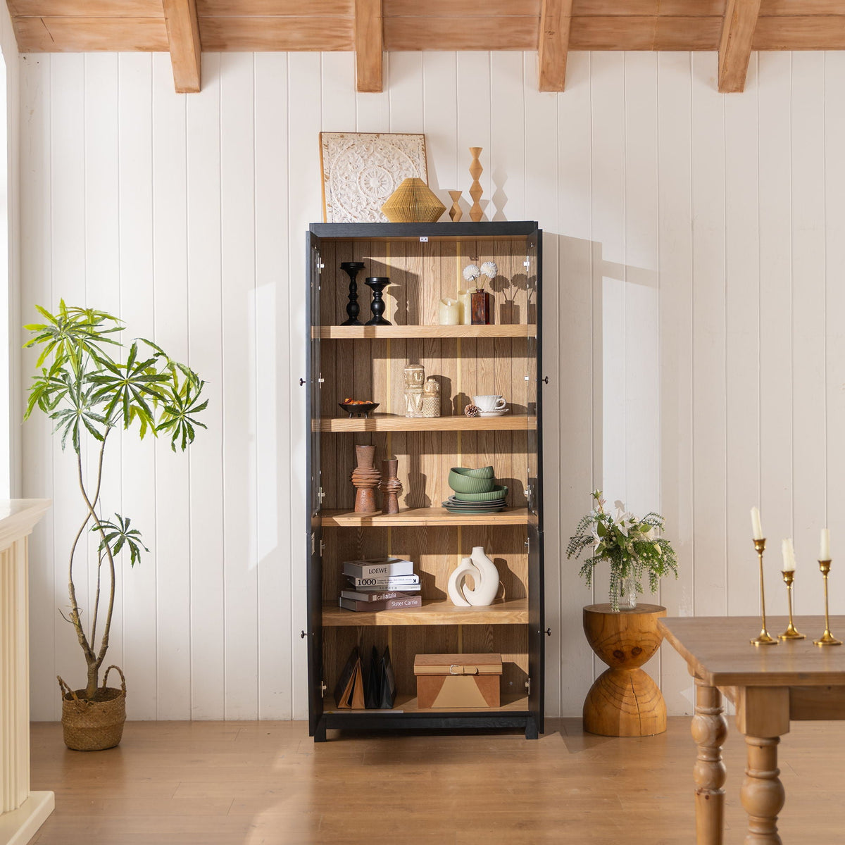 Mid Century Modern Style Tall Display Cabinet With Glass Doors For Collectibles - Black