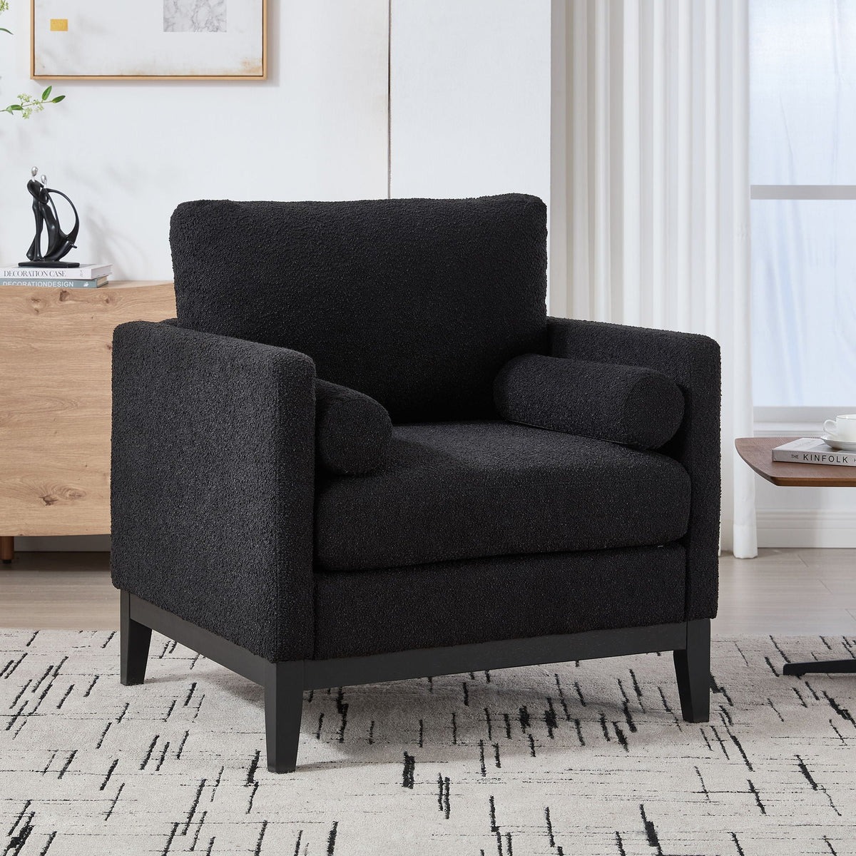 Wide Modern Farmhouse Performance Accent Chair With Legs, Wood Base