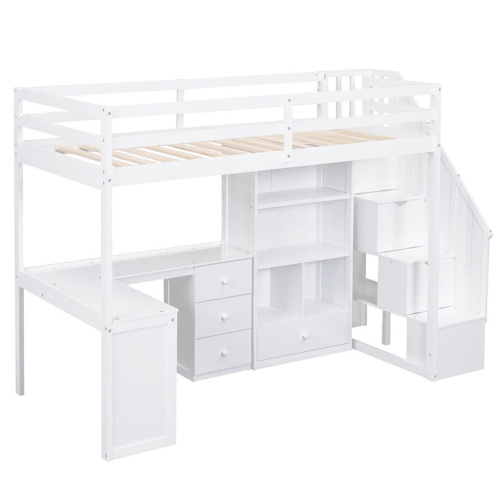 Loft Bed With L Shaped Desk, Drawers, Cabinet, And Storage Staircase