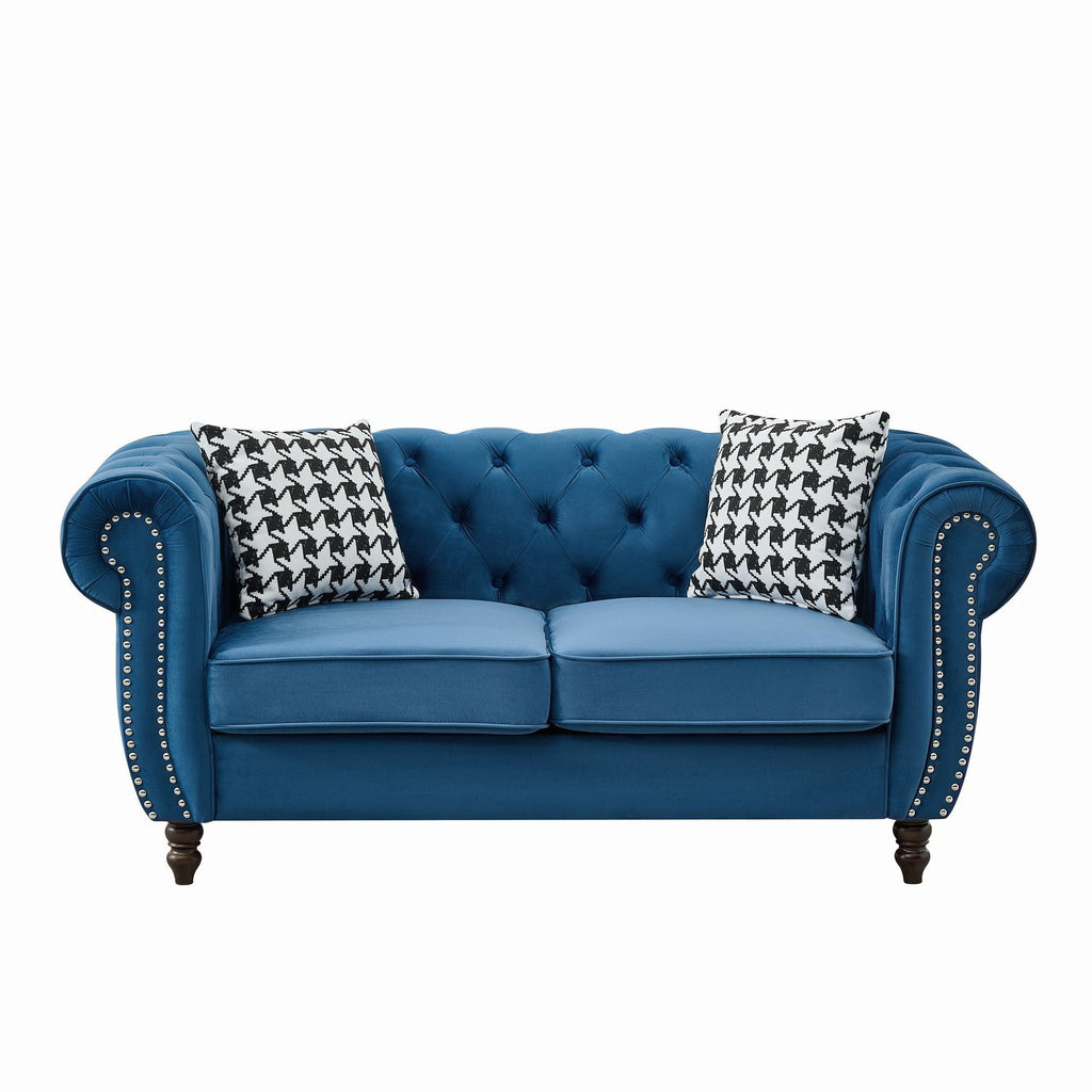 Chesterfield Fabric Sofa With Roll Armrest And Nailhead, Mid Century 2 Seater Couch In