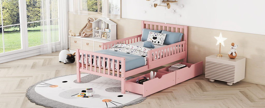 Platform Bed With Guardrails On Both Sides And 2 Storage Drawers
