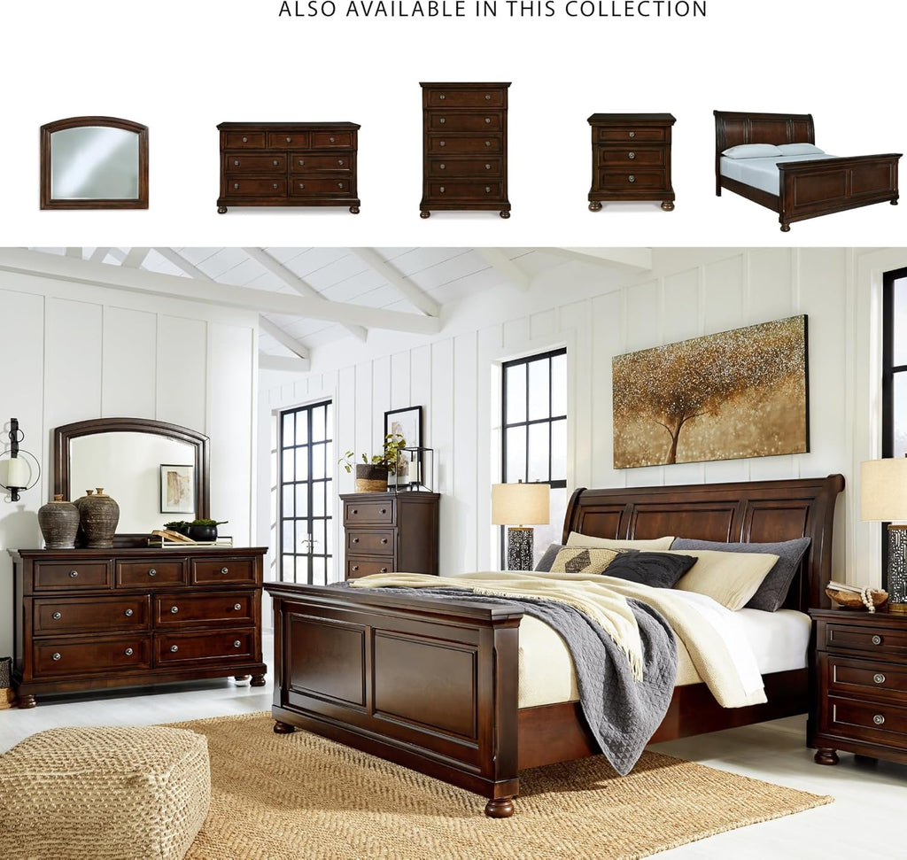 Signature Design by Ashley Porter Traditional King Sleigh Bed with Bun Feet, Foundation or Box Spring Needed, Dark Brown