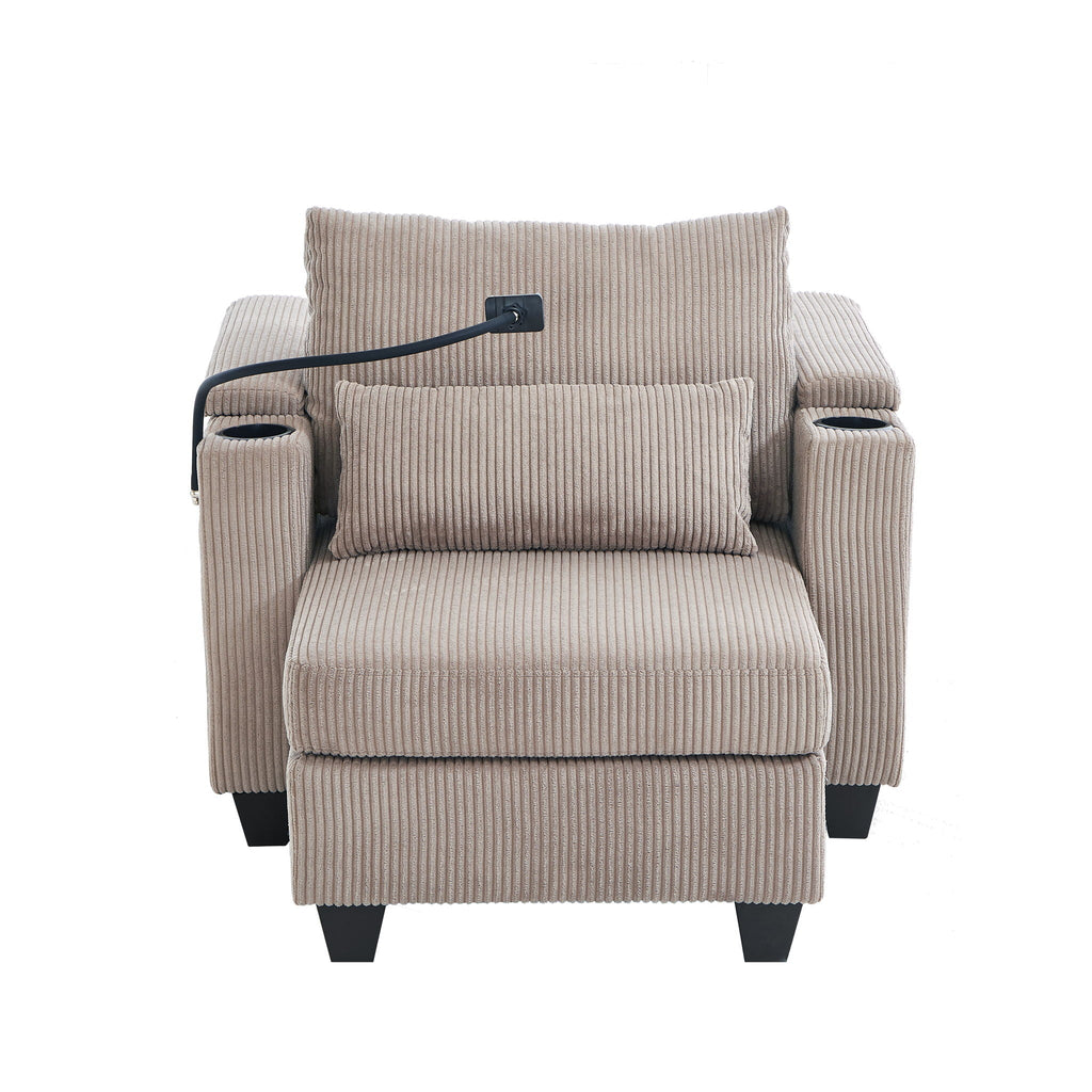 Convertible Chaise Lounge Sofa Chair With USB Ports, Cup Holders, Phone Holder And Storage