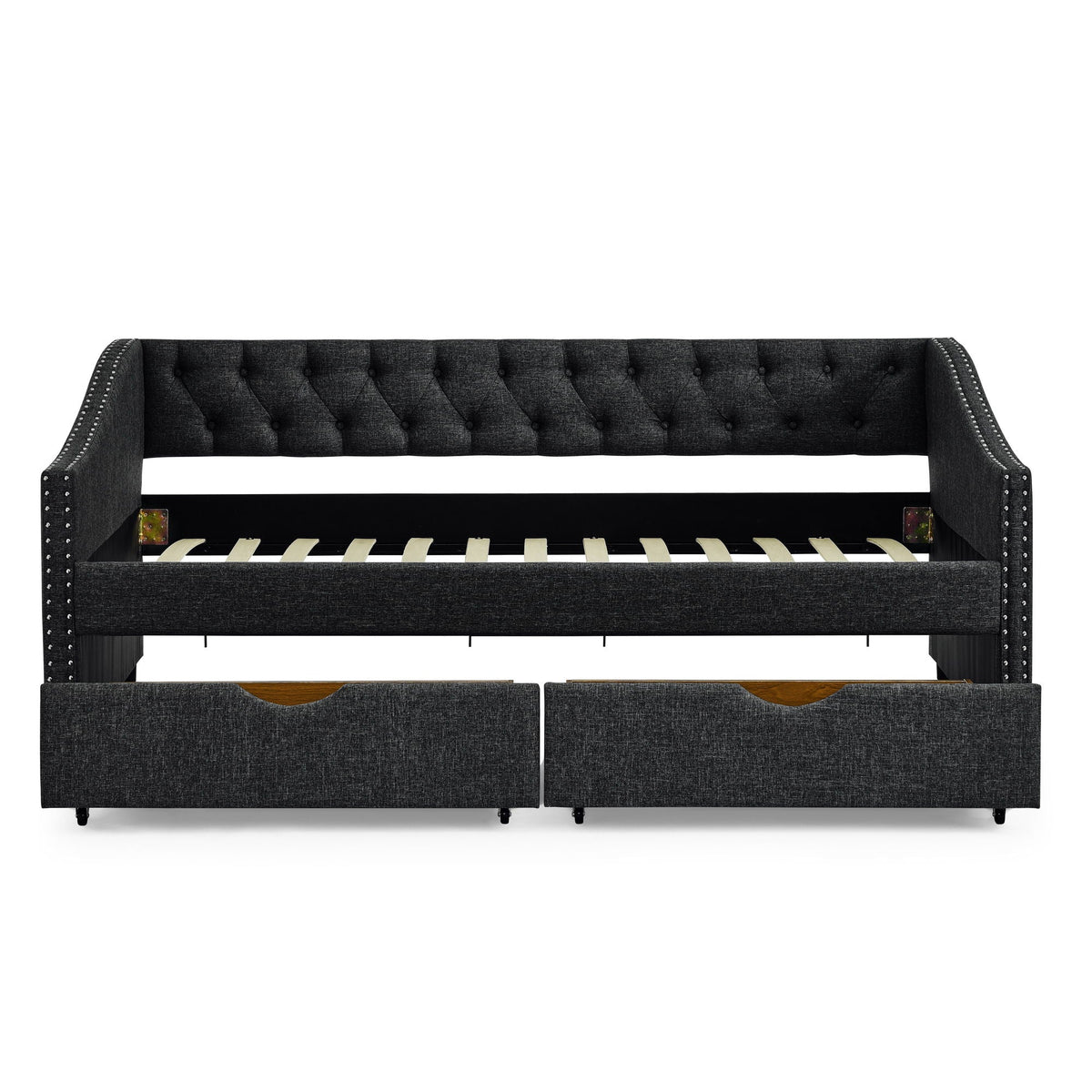Upholstered Tufted Daybed With 2 Drawers, Waved Arms