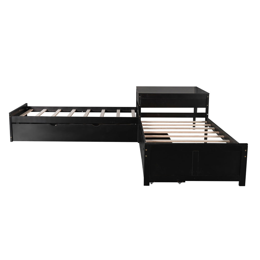 L Shaped Platform Bed With Trundle And Drawers Linked With Built In Desk