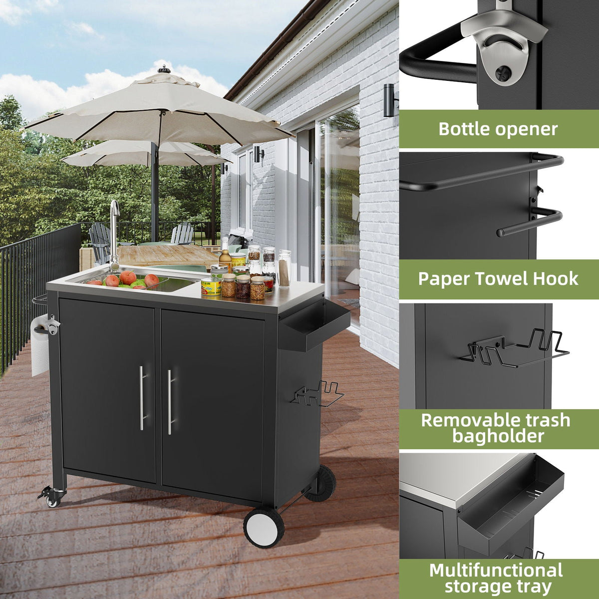 Outdoor Grill Cart With 304 Stainless Steel Sink And Cabinet - Black / Silver