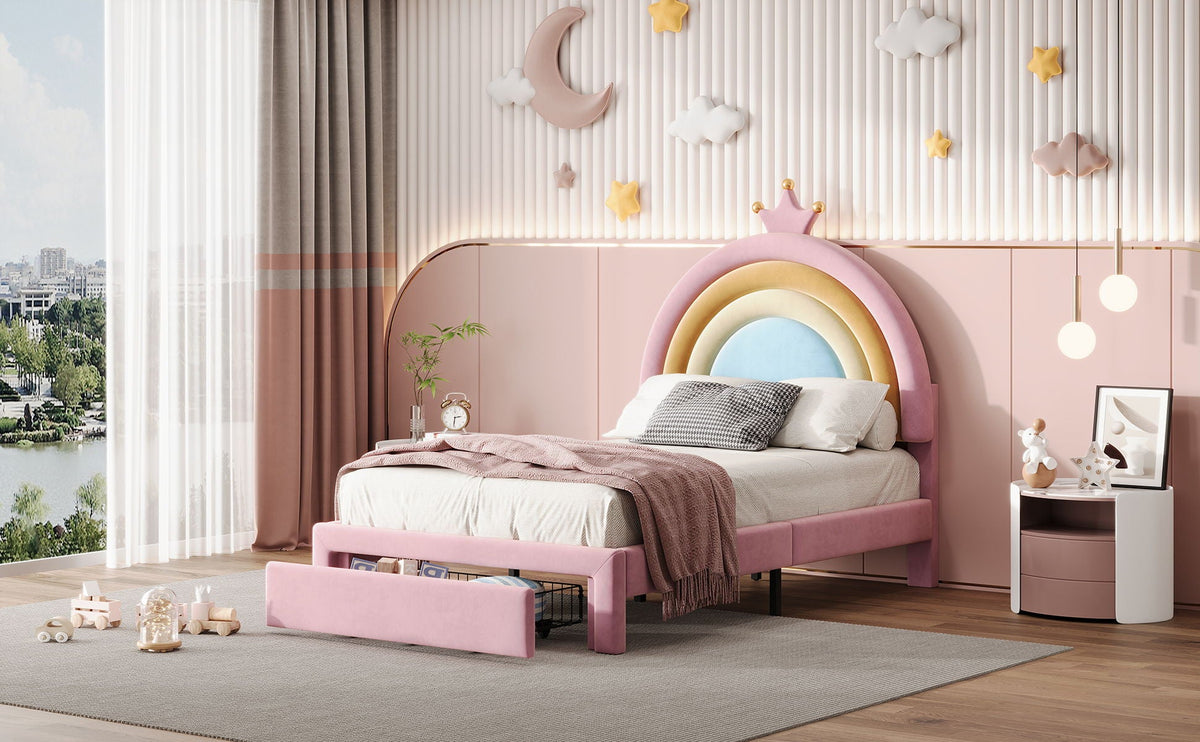 Upholstered Rainbow Design Bed, Princess Platform Bed With Storage Drawer