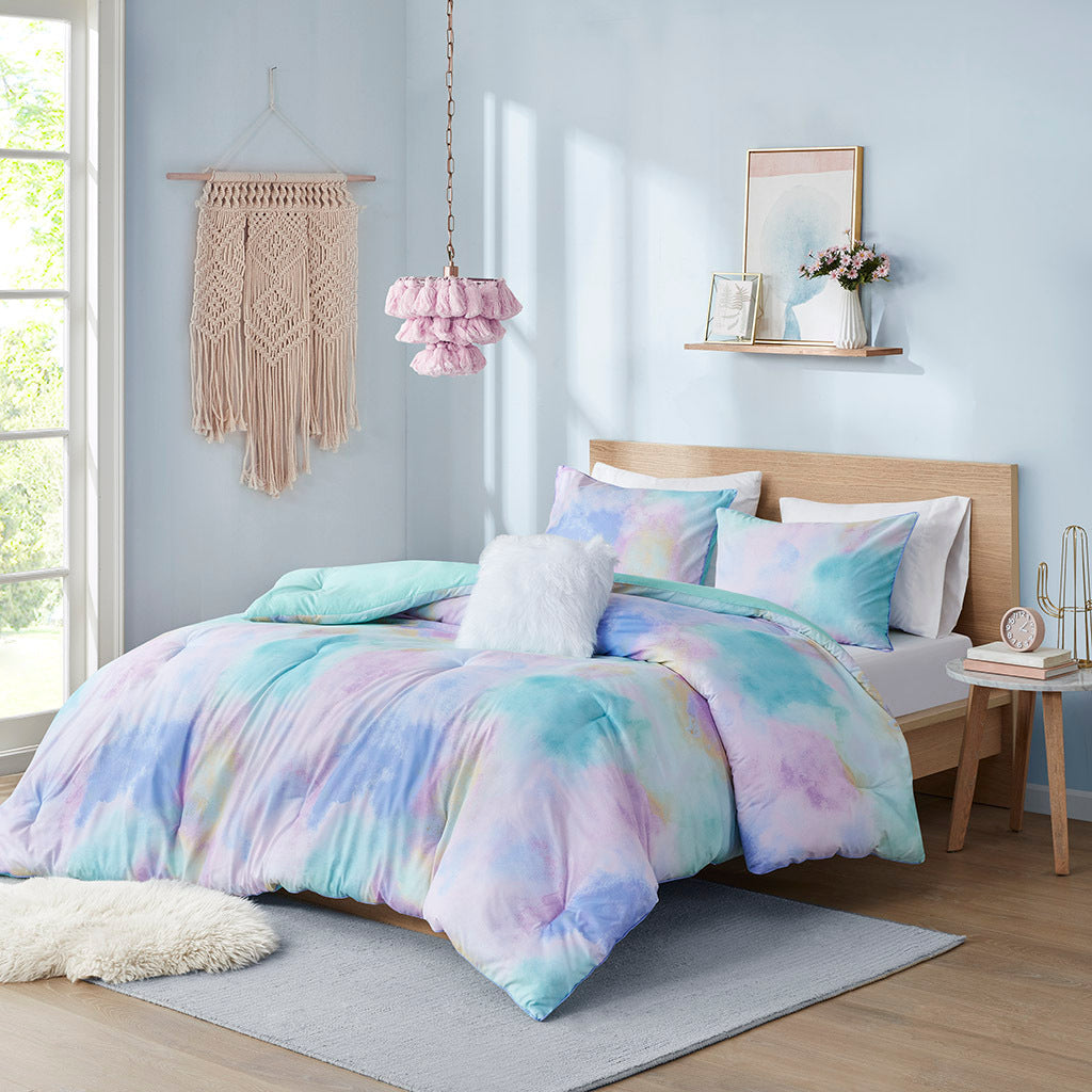 Full/Queen Watercolor Tie Dye Printed Comforter Set with Throw Pillow