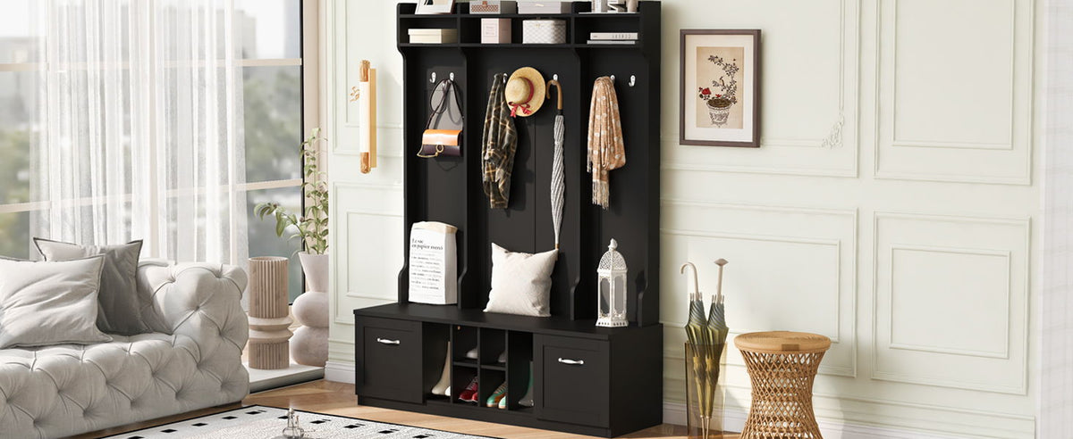 5 In 1 Entryway Bench With Coat Rack, 7 Sturdy Hooks, 2 Spacious Drawers And Adjustable Shelves