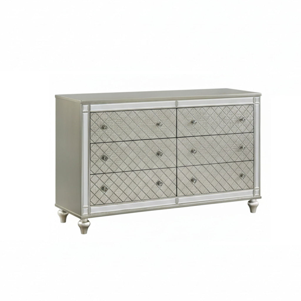 6 Drawer Bedroom Dresser With Diamond Patterned Drawer Fronts - Silver