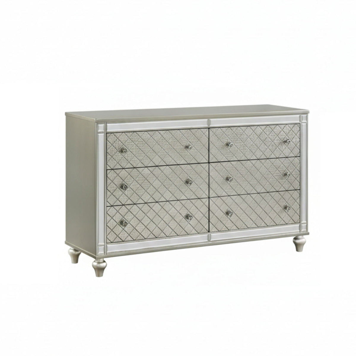 6 Drawer Bedroom Dresser With Diamond Patterned Drawer Fronts - Silver