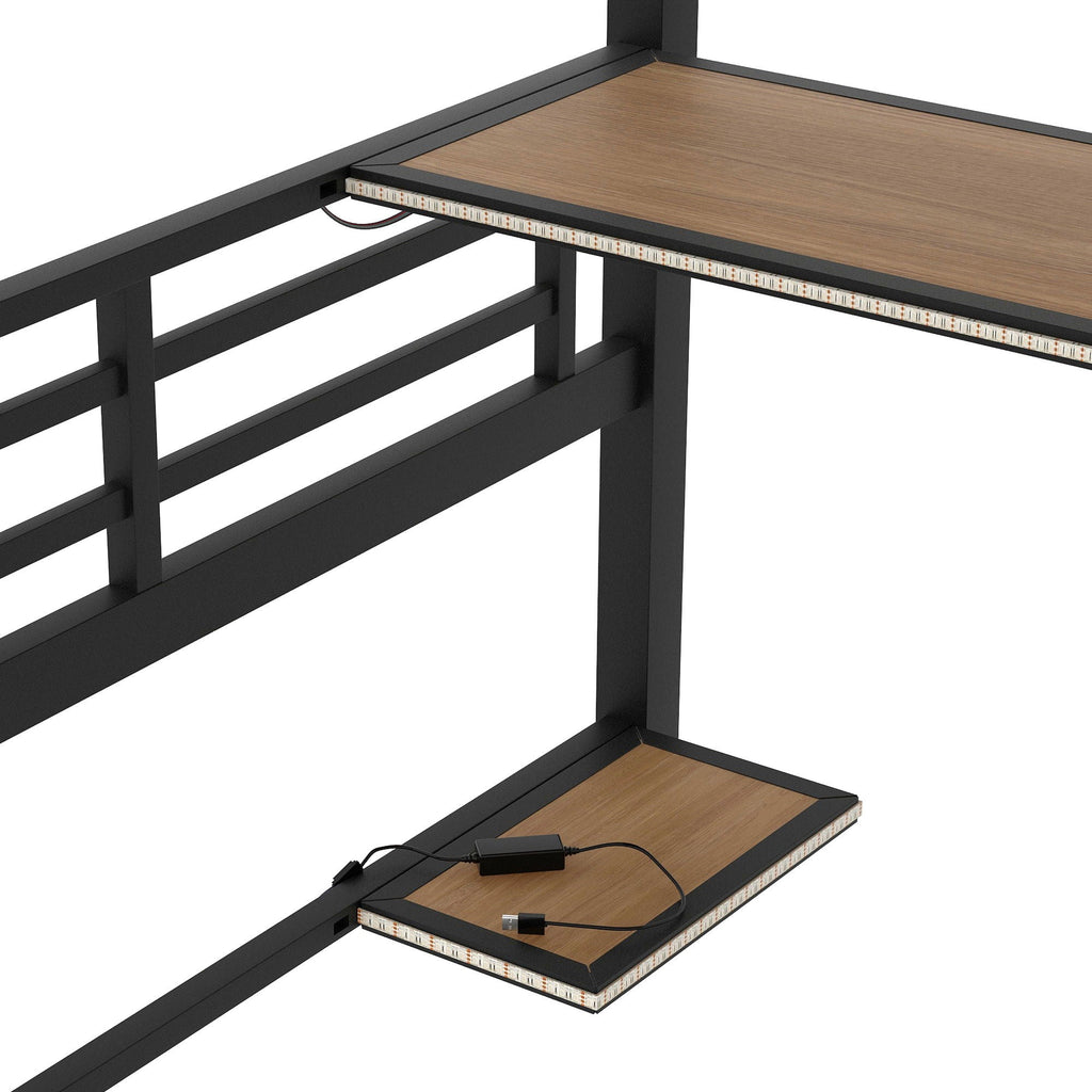 Full Size Loft Bed Frame With Storage Shelf And LED Light - Black