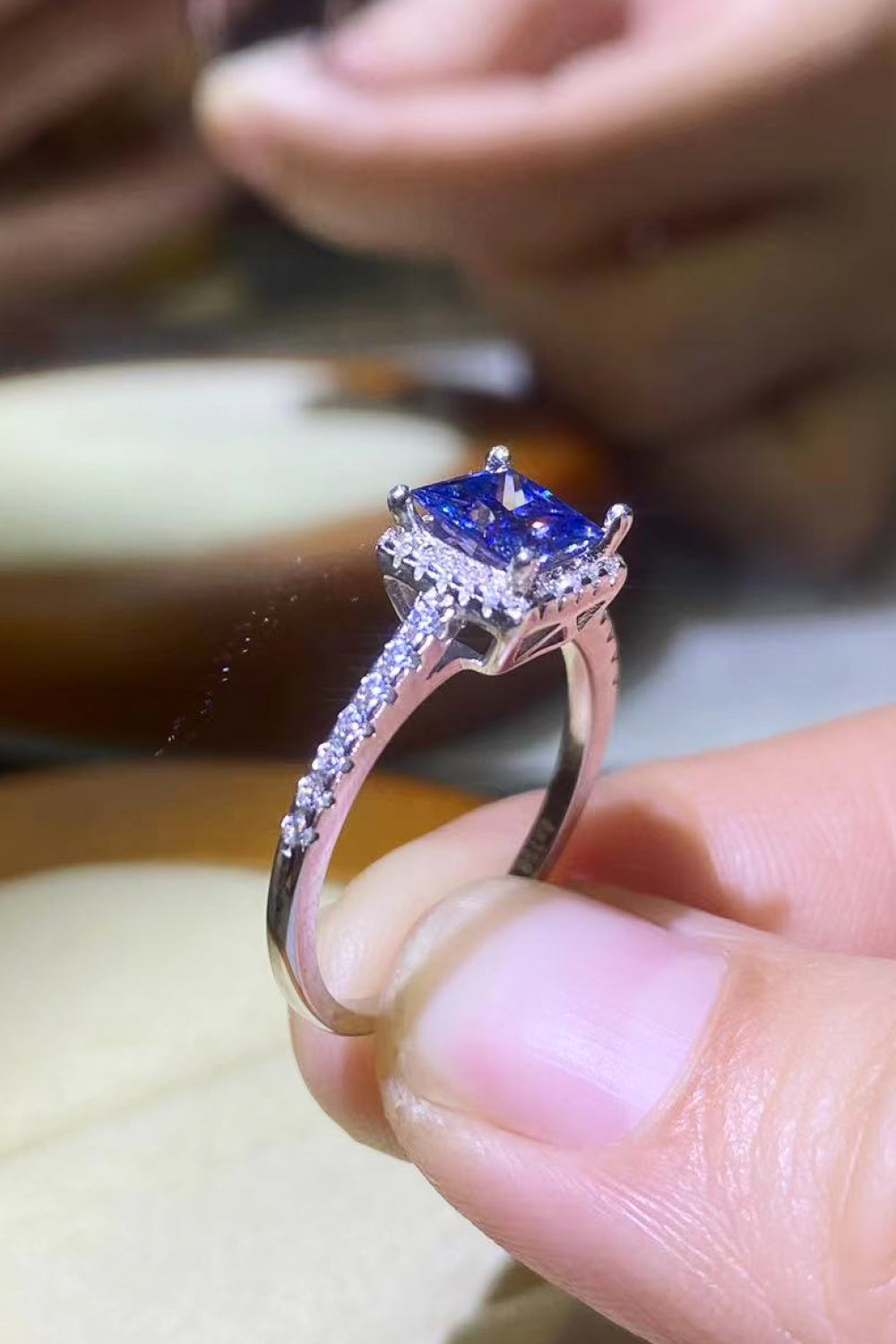 1 Carat Blue Princess-Cut Sparkala™ Platinum Over Pure Sterling Silver Square Ring