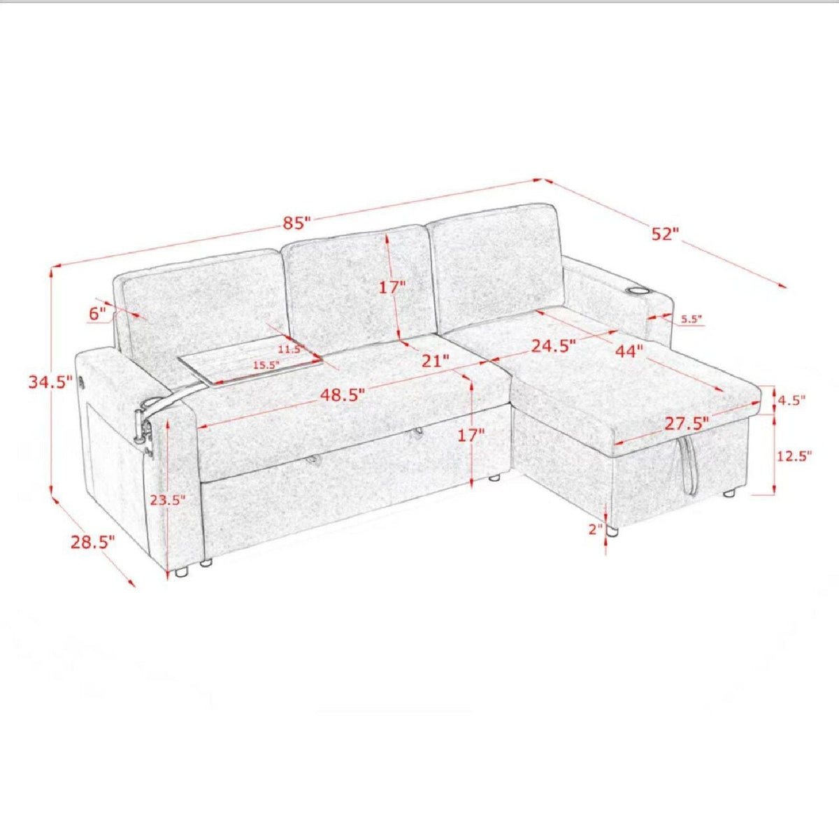 Multi Functional Pull Out Bed Sofa With Retractable Table, LED Lighting, USB Charging Ports & Cup Holders