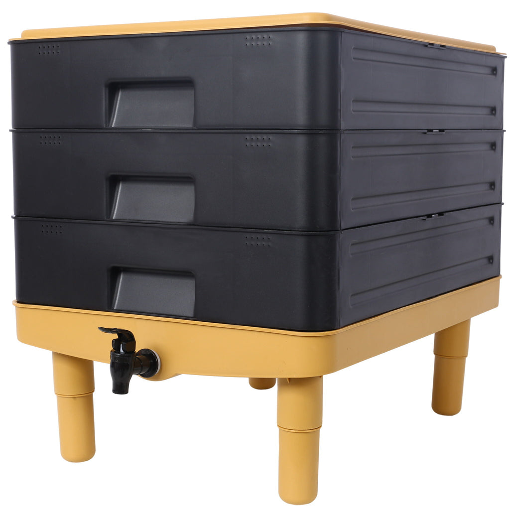 Durable 3 Tray Worm Farm Kit For Efficient Vermicomposting, 65L Capacity - Yellow / Black