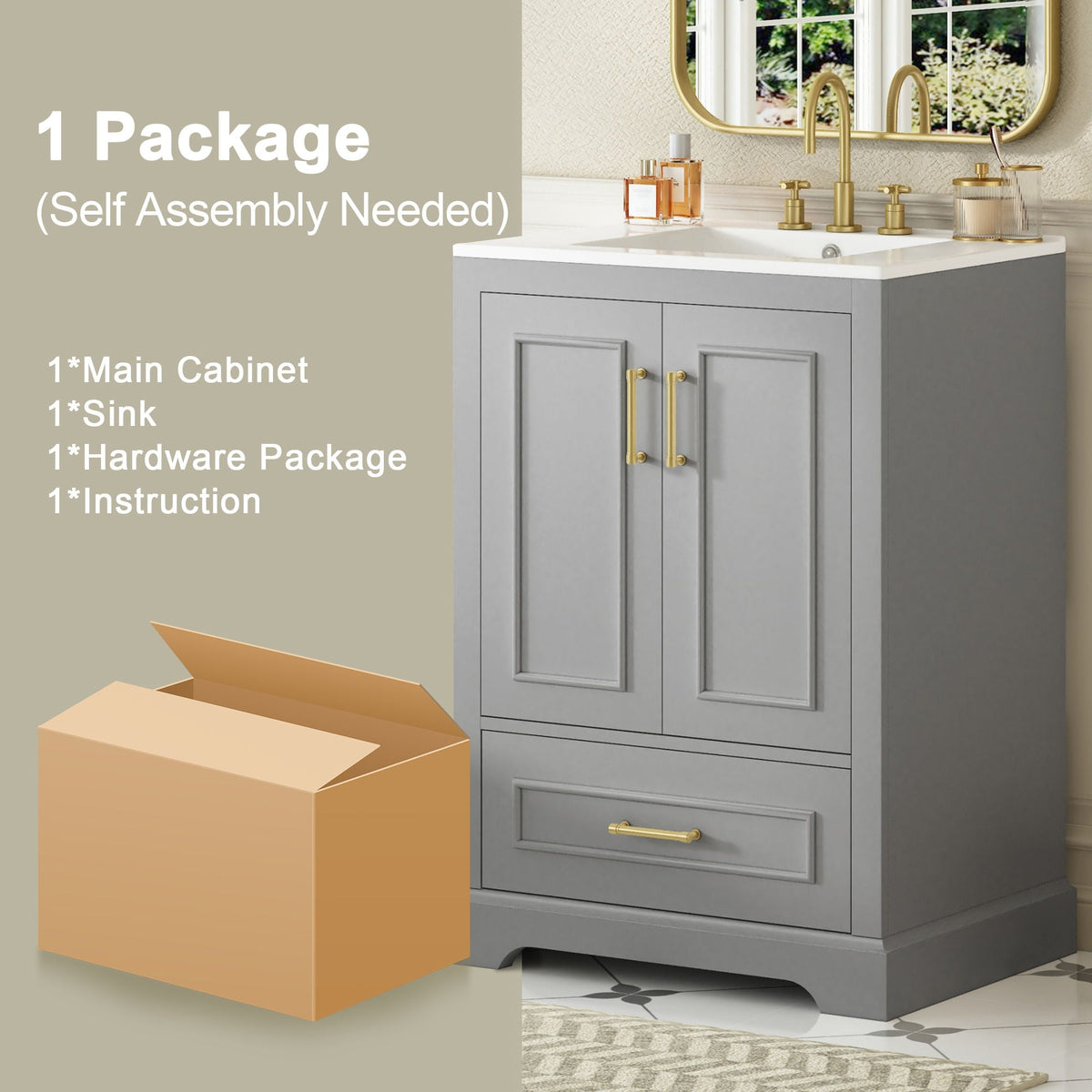 Bathroom Vanity With Sink, 1 Divided Drawer And 2 Soft Close Doors With Double Shelf
