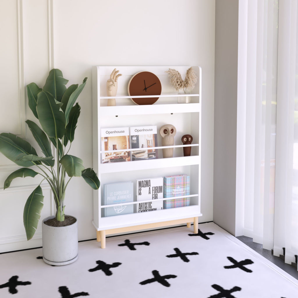 Wall Mounted Bookshelf, 3 Front Facing Display Shelves For Toddler Bedroom - White