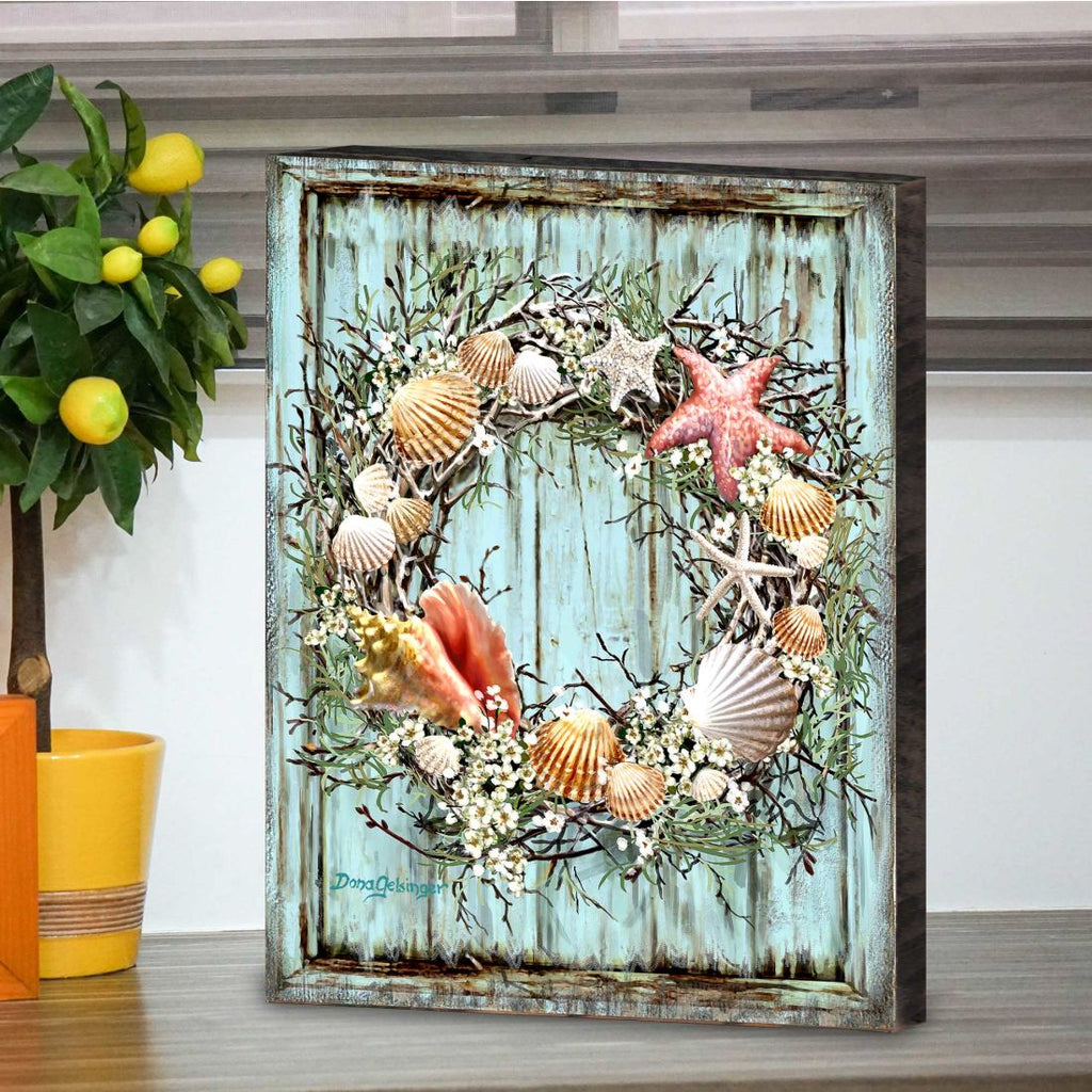 Christmas Coastal Wreath Wooden Wall Art by D. Gelsinger - Coastal Holiday Decor - 95607B-1715