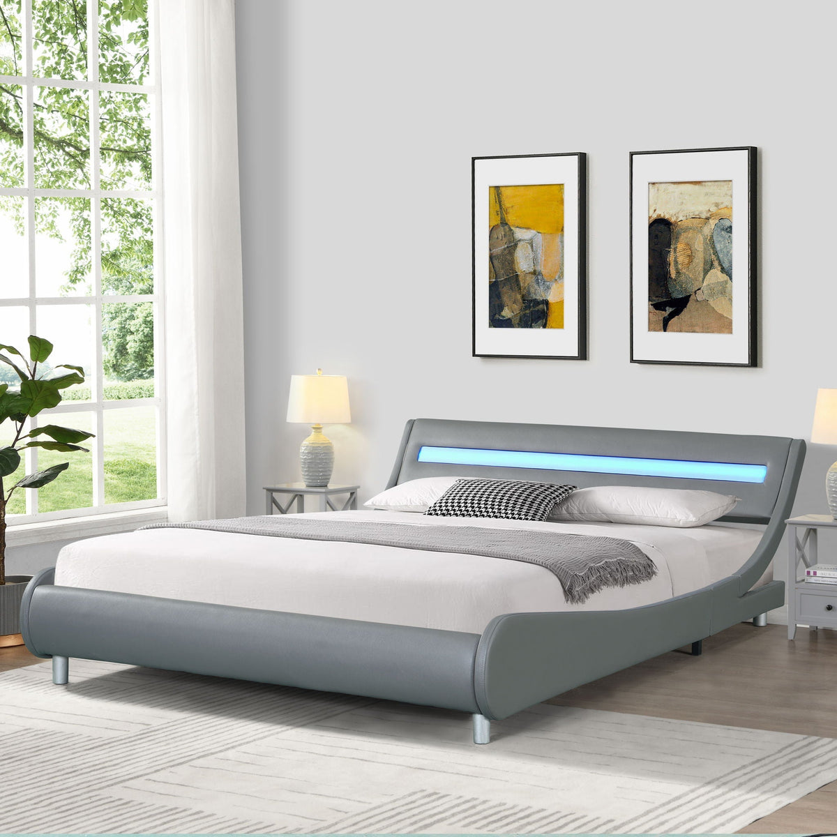Queen Size Upholstered Platform Bed Frame with LED Lighting