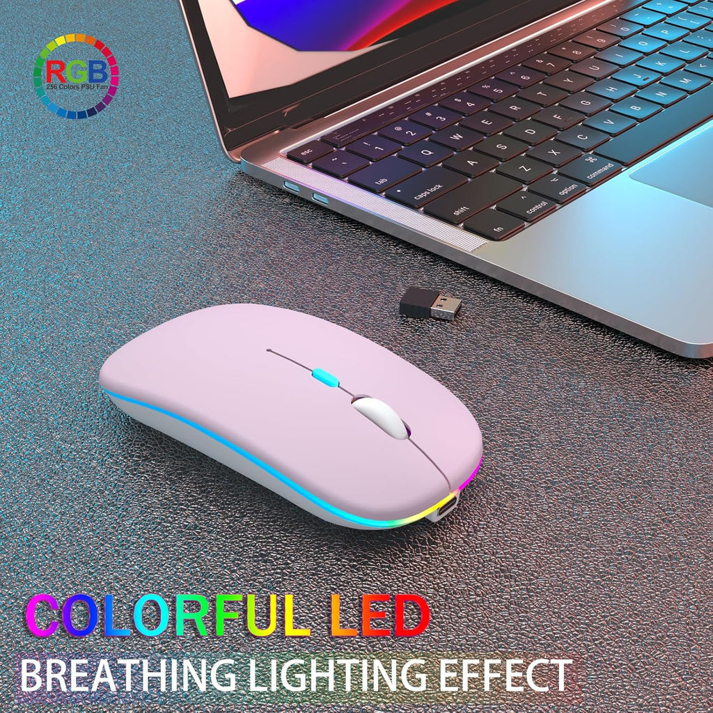 Wireless Bluetooth Mouse, Rechargeable, Dual Mode Bluetooth 5.2 & 2.4G USB, LED Lights, Slim, Silent, Portable Computer Mouse for Laptop, PC, Macbook, Ipad, Tablet (Pink)
