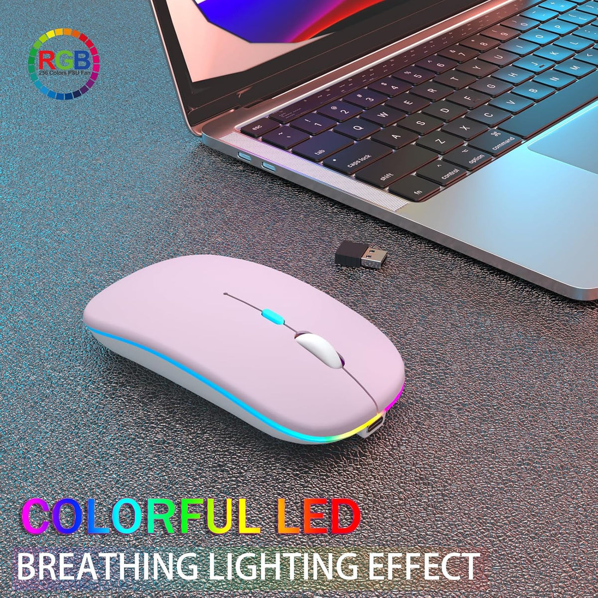 Wireless Bluetooth Mouse, Rechargeable, Dual Mode Bluetooth 5.2 & 2.4G USB, LED Lights, Slim, Silent, Portable Computer Mouse for Laptop, PC, Macbook, Ipad, Tablet (Pink)