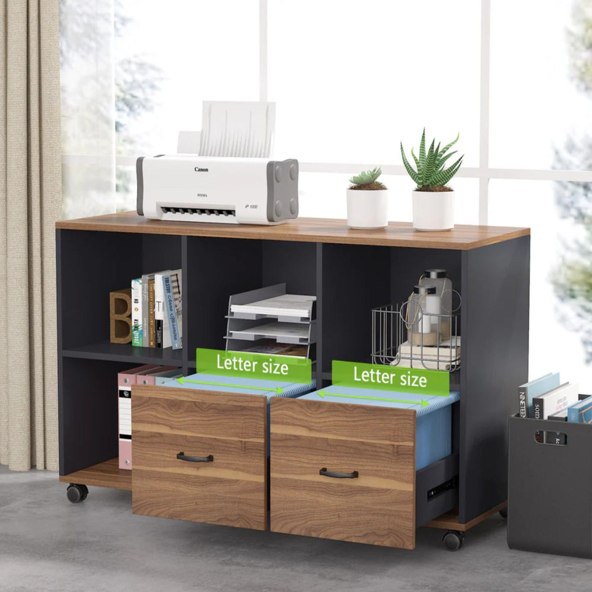 L-Shaped Executive Desk With Mobile File Cabinet, Large Home Office Workstation With Drawers And Shelves - Brown / Black