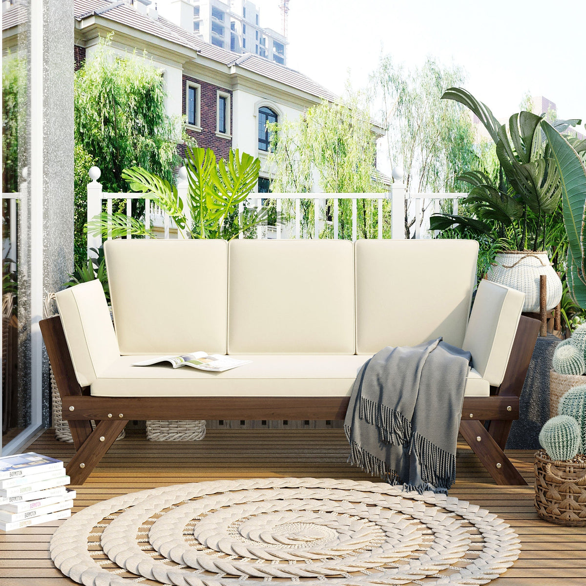 TOPMAX Outdoor Adjustable Patio Wooden Daybed Sofa Chaise Lounge