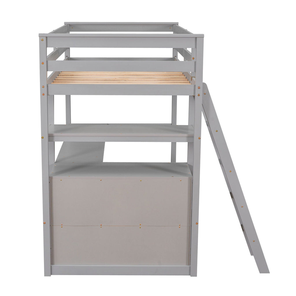 Modern Loft Bed With Built In Desk, Shelves, And 2 Drawers