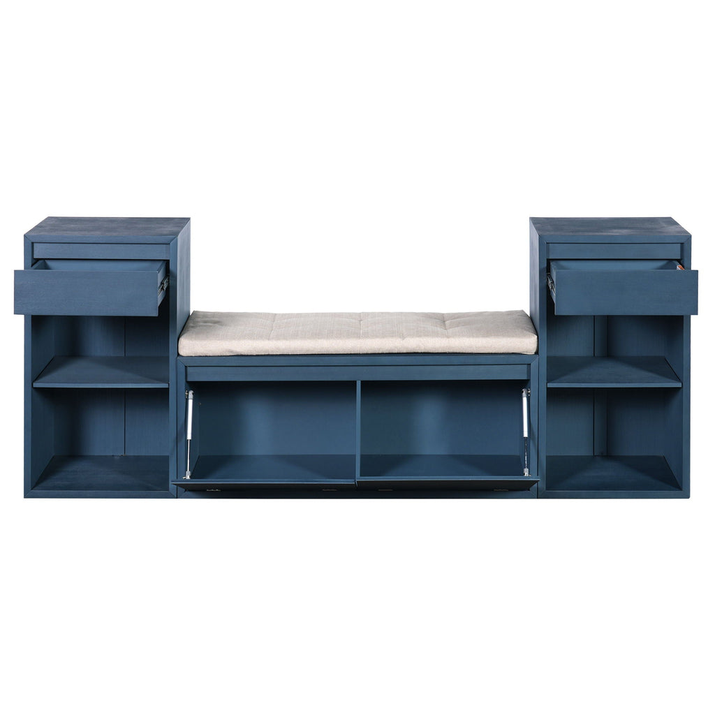 Entryway Storage Bench With Cushion, Drawers & Open Shelves