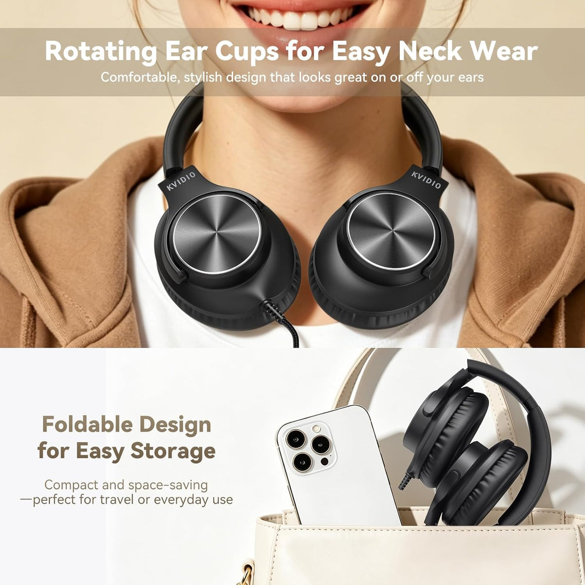 Wired Headphones with Mic, Volume & Playback Control, Over-Ear Foldable Headphones, 3.5Mm Plug, 90° Swivel Ear Cups, 4.9Ft Tangle-Free Cord for Tablet, Laptop, PC, School, Travel (Black)