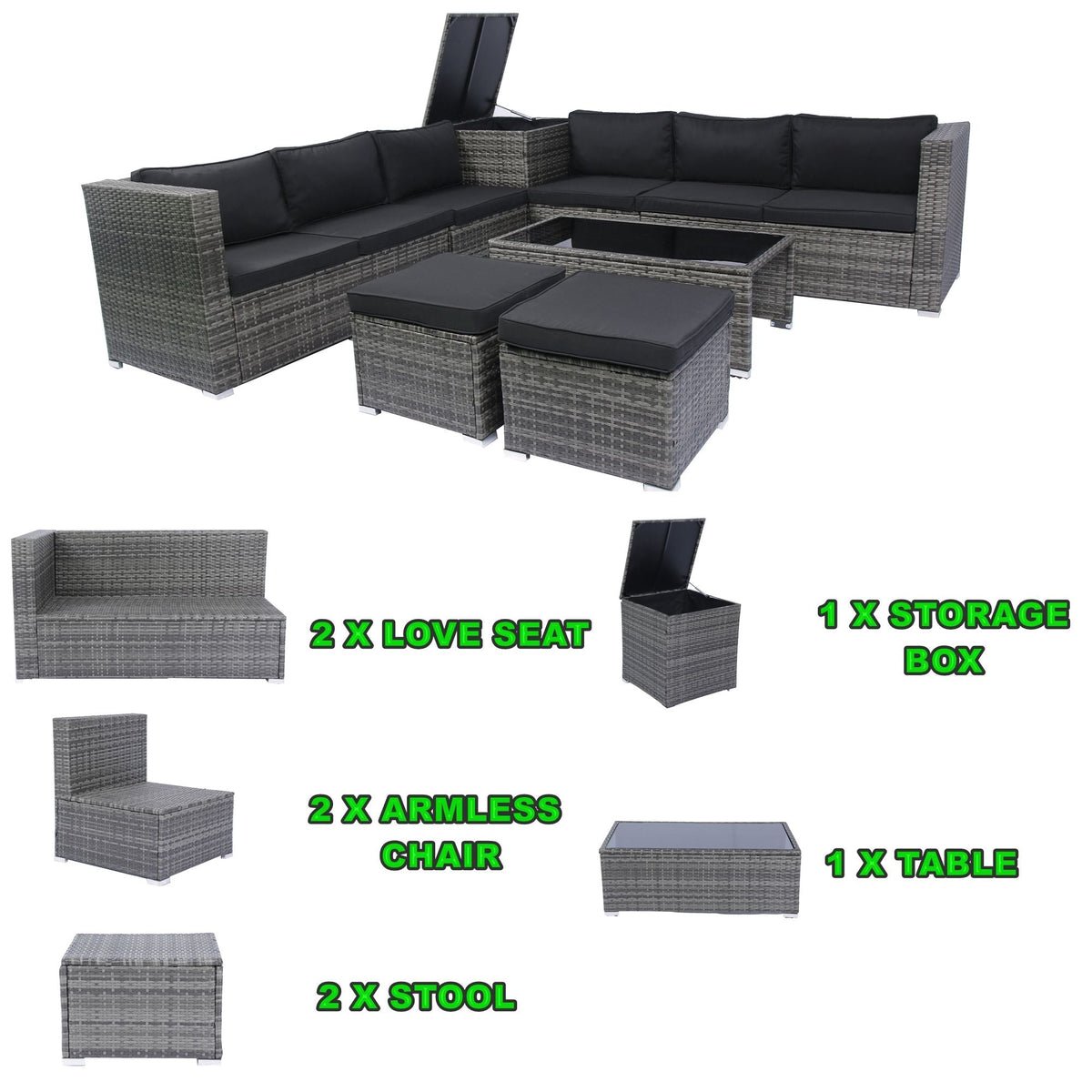 8 Piece Patio Sectional Wicker Rattan Outdoor Furniture Sof Set With One Storage Box Under Seat And Cushion Box - Gray / Black