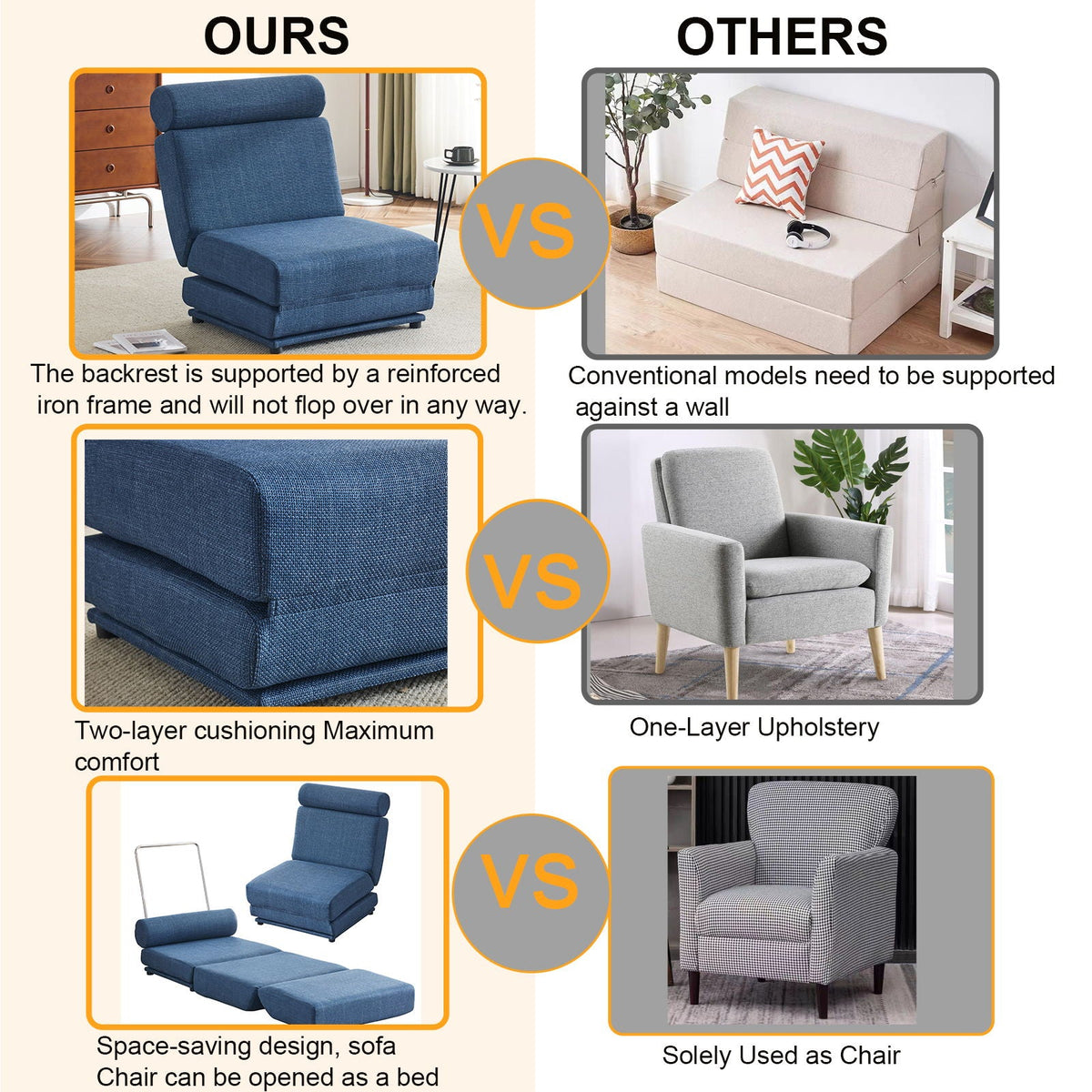Foldable Single Chair Sofa Bed With Pillow, Easy To Store, Breathable And Wearable