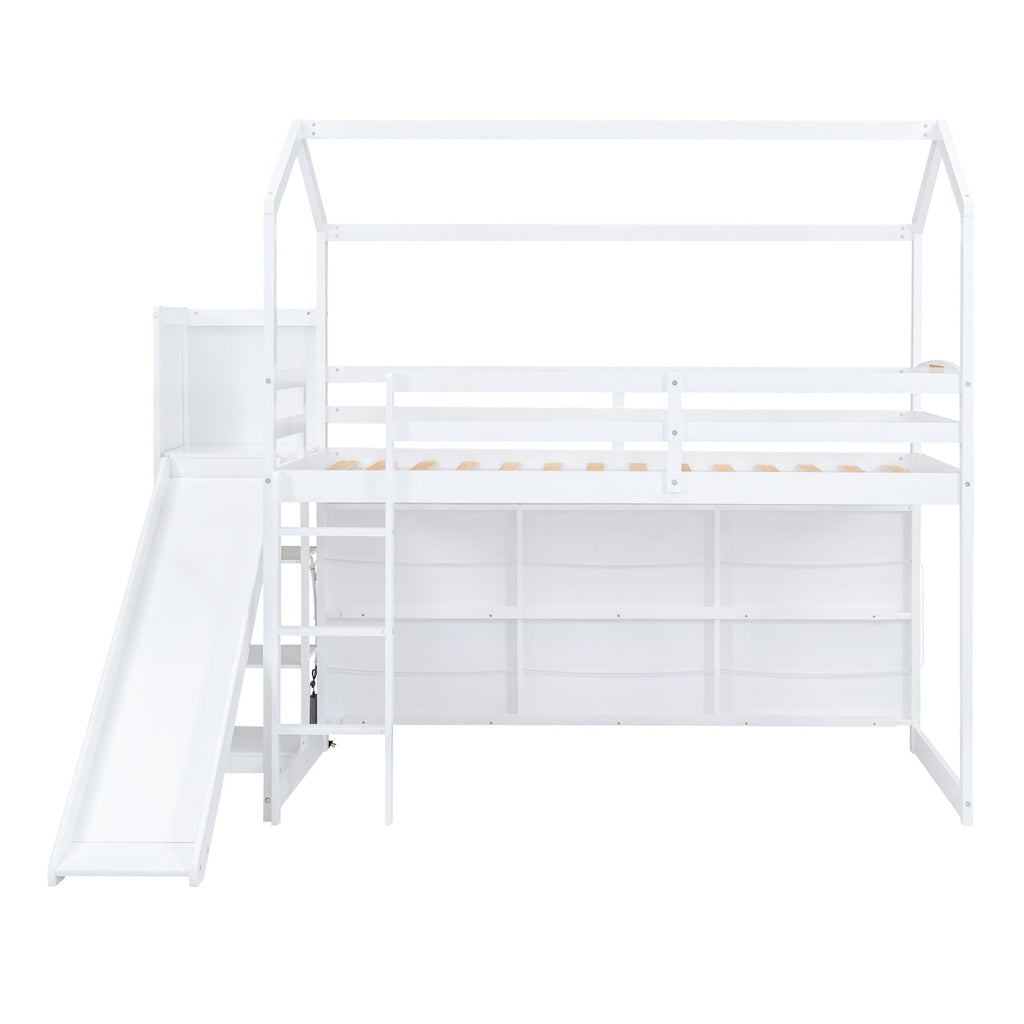 House Loft Bed With Slide, Storage Shelves And Light, Climbing Ramp