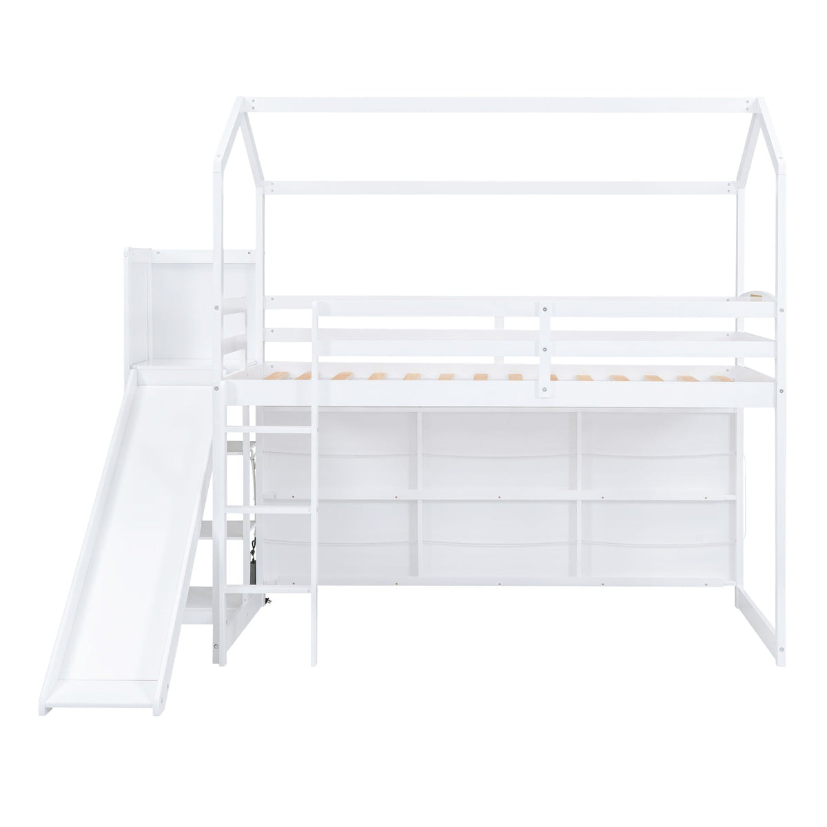 House Loft Bed With Slide, Storage Shelves And Light, Climbing Ramp