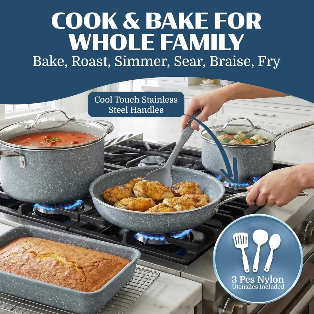 20 Pc Pots and Pans Set Non Stick, Pots and Pans Ceramic Cookware Set with Square Pan, Pot and Pan Set with Bakeware/Utensils, Non Stick Pots and Pan Set, Oven/Dishwasher Safe, Gray