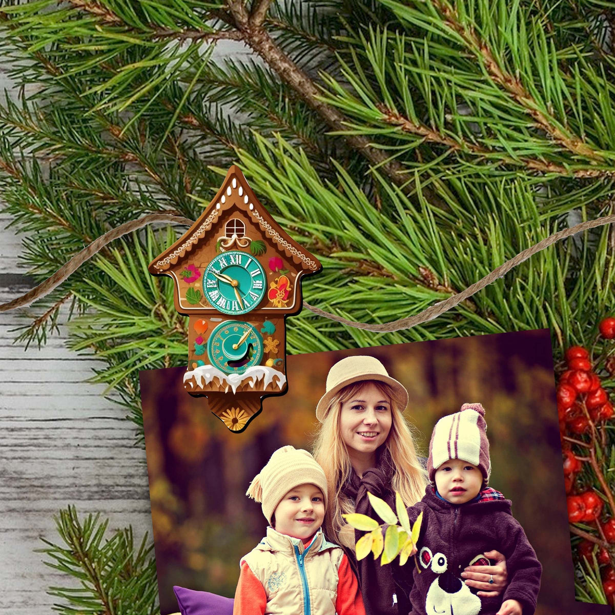 Miniature clock Clip-On Eco Wood Decorative Ornaments Set of 6 by G. Debrekht - Christmas Decor - 8090020C-S6