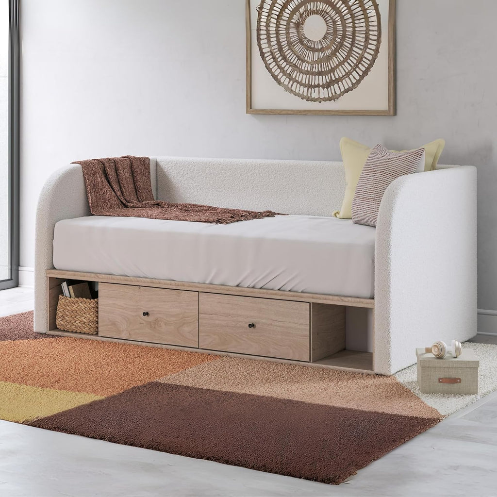 Signature Design by Ashley Shapella Boho Chic Upholstered Day Bed with 2 Storage Drawers, Foundation or Box Spring Not Needed, Full, Beige & White