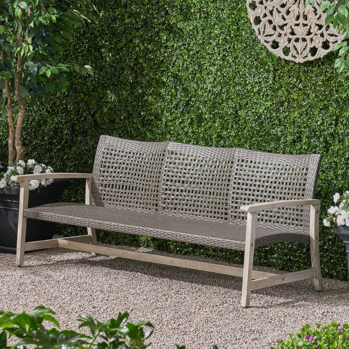 Outdoor Acacia Wood Wicker 3 Seater Sofa