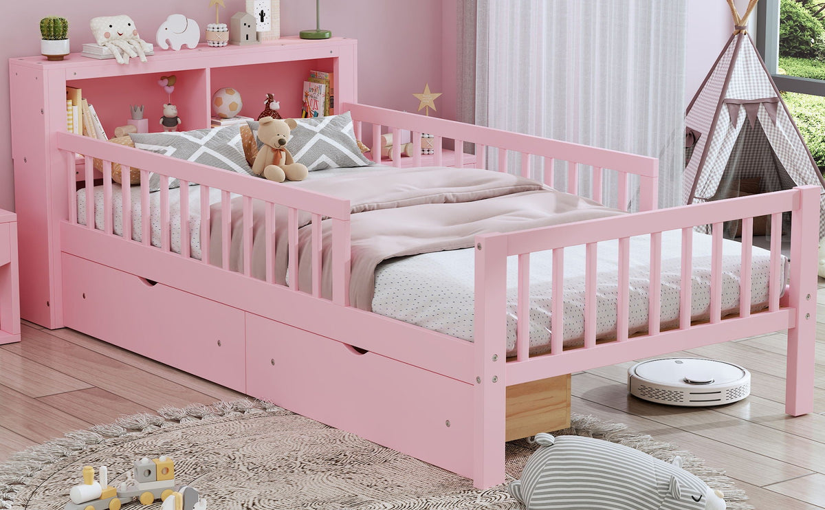 Bed With Headboard Storage Rack, 2 Under Bed Drawers, 3 Side Guardrails For Safety