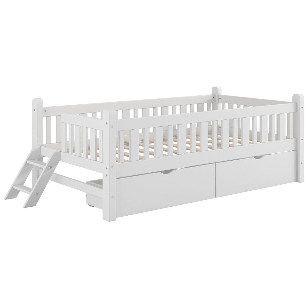 Platform Bed With Guardrail And 2 Drawers