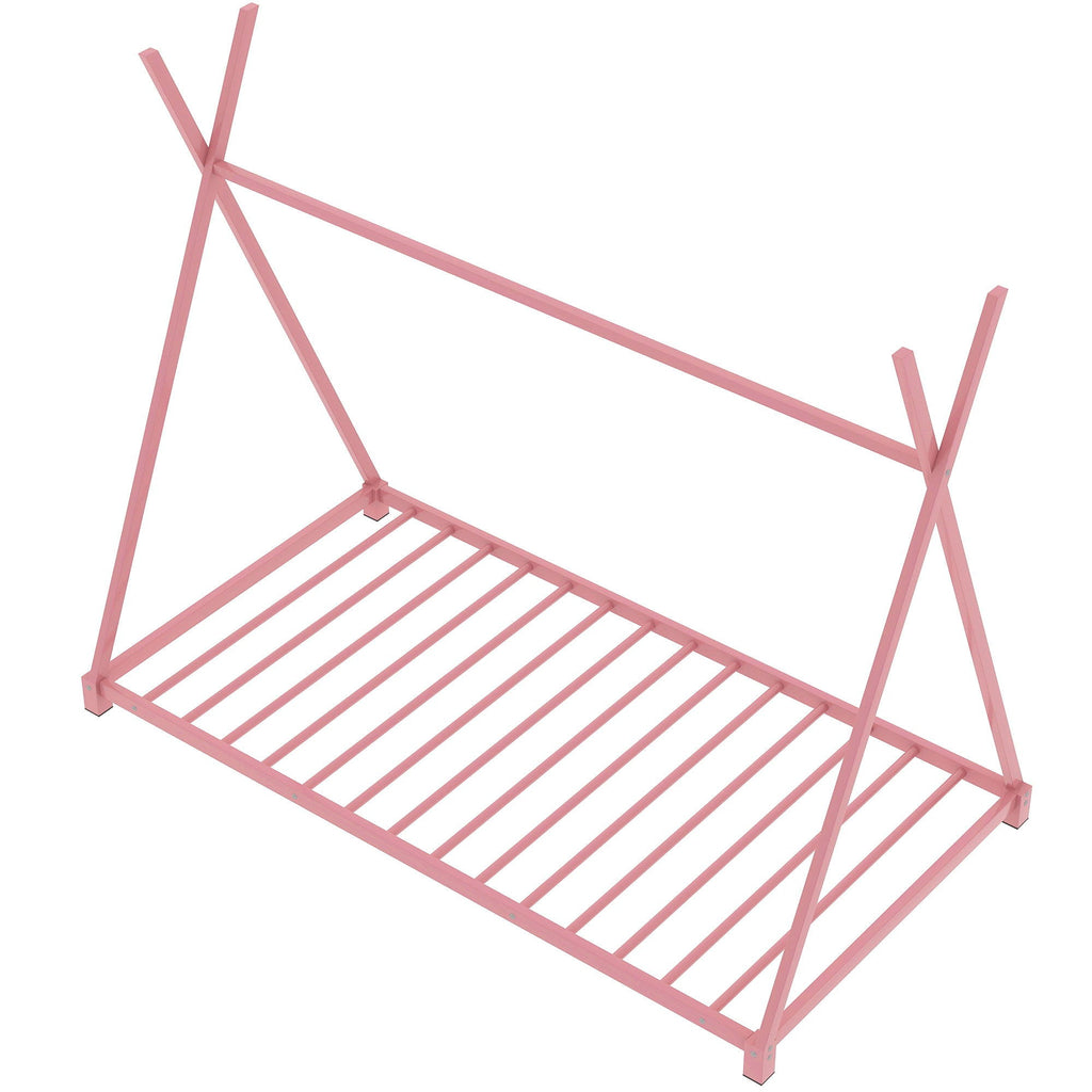 Metal House Platform Bed With Triangle Structure, Low Profile Design