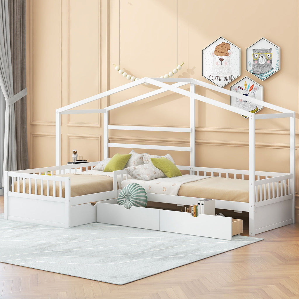 L Shape Platform Bed With 3 Storage Drawers