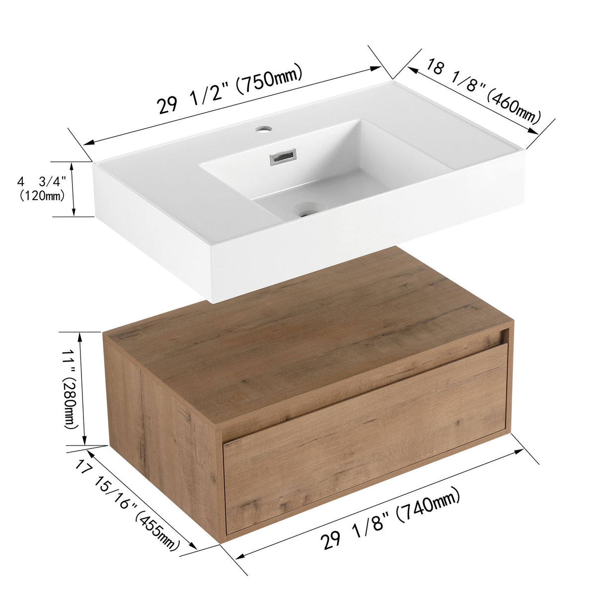 Wall Mounted Bathroom Vanity With Resin Sink And Soft Close Drawer In Imitative - Imitative Oak